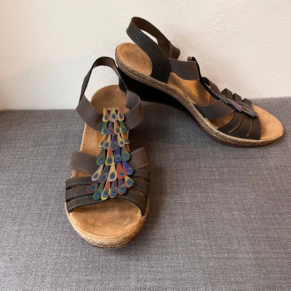 Rieker Sandals Womens Size 37 Brown Multi Color Peacock Boho Festival Wedge Art - Picture 2 of 8